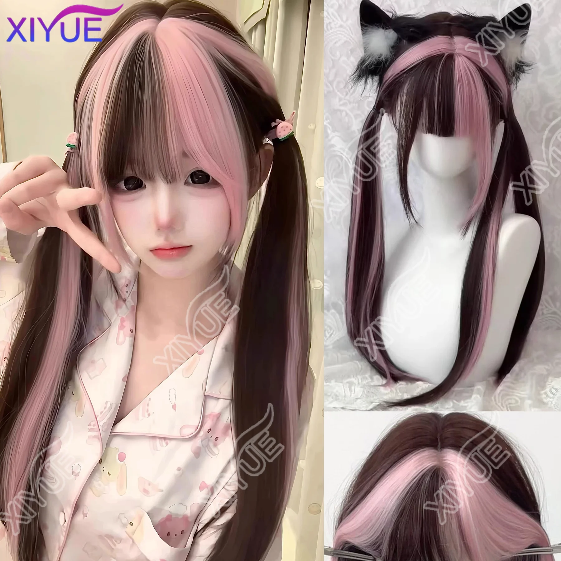 XIYUE wigs strawberry chocolate wig female hair dyed powder ombre long straight hair twintails wig Lolita nature headband wigs