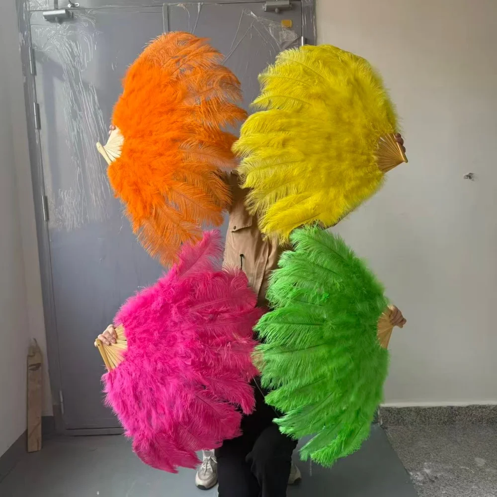 13/15Bone Colorful Ostrich Feather Fan 100CM 70CM for Burlesque Dance Showgirl Costumes Halloween Handle Crafts Party FansFans