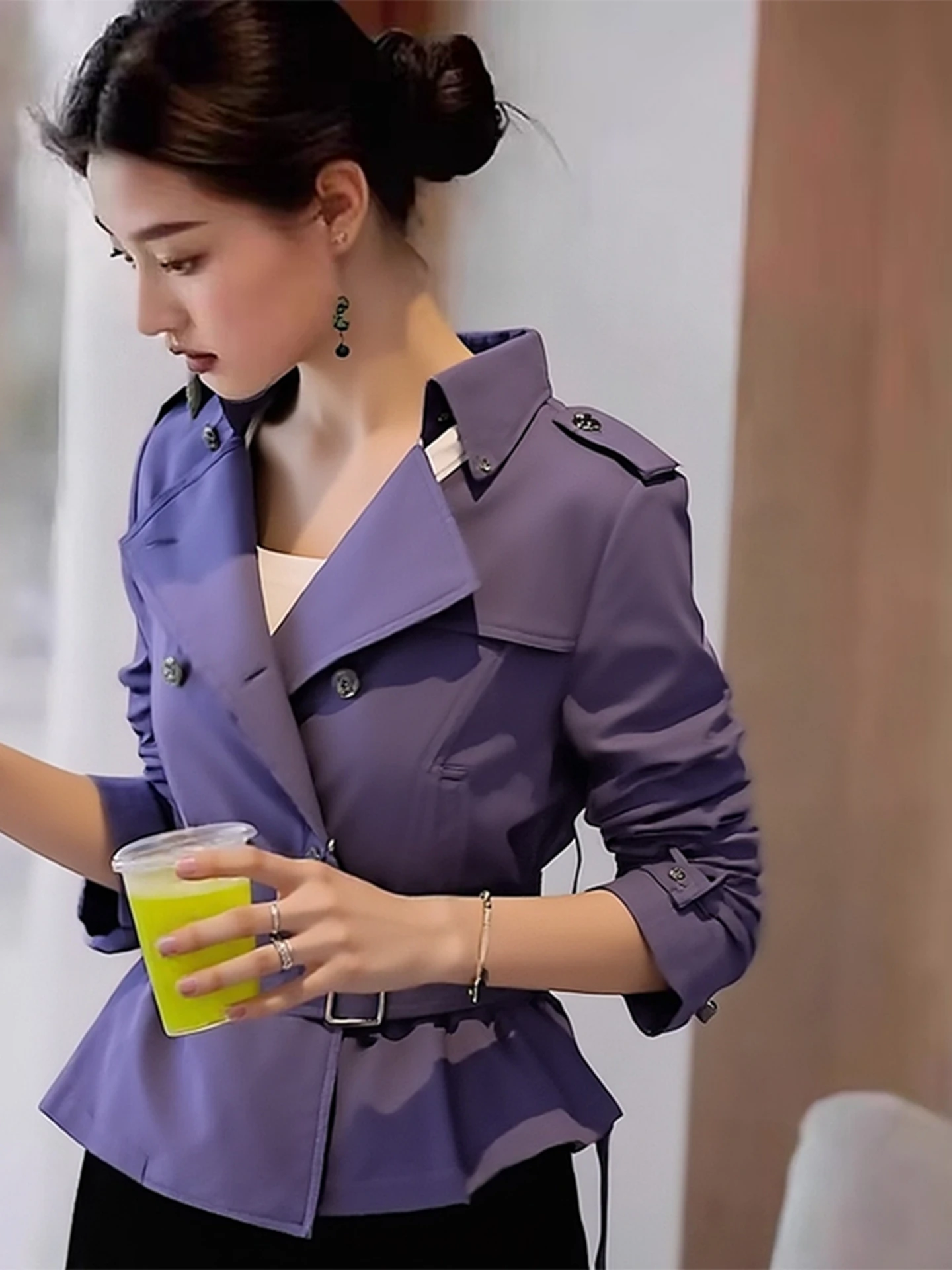 엘레 오르트 퍼플 더블 브레스티드 여성 재킷 봄 가을 출퇴근 디자인 경량 허리 조임 탑