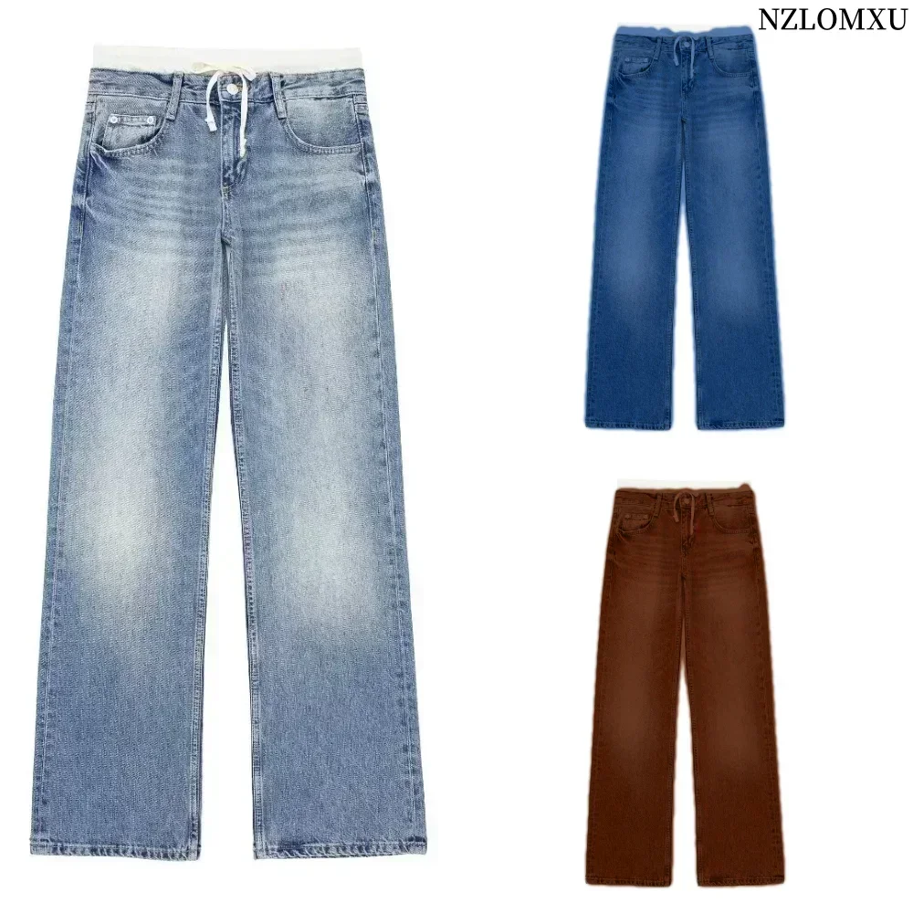 Women Fashion Patchwork High Waist Fake Two Piece Denim Pants Female Versatile High Street Blue Jeans Wide Leg Trousers