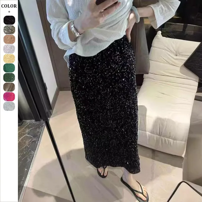 

High Waisted Sequin Maxi Skirt Women Elegant Shiny Straight Skirts With Slit Summer Spring Black Long Sequin Skirt For Women