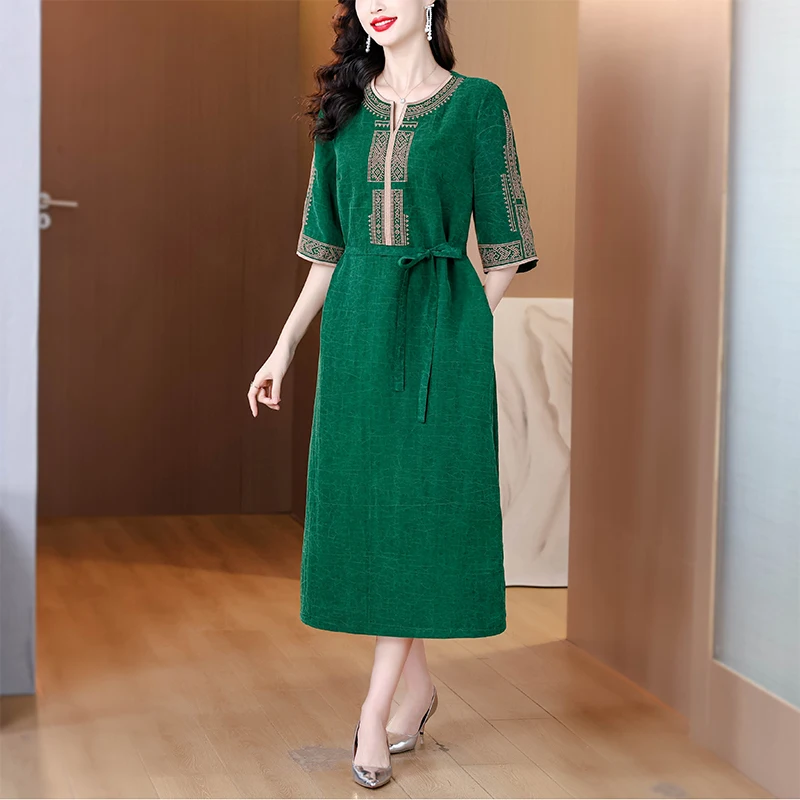 여름 정장 행사 실크 새틴 럭셔리 미디 드레스 여성 빈티지 자수 비치 보헤미안 드레스 2025 우아한 캐주얼 파티 드레스