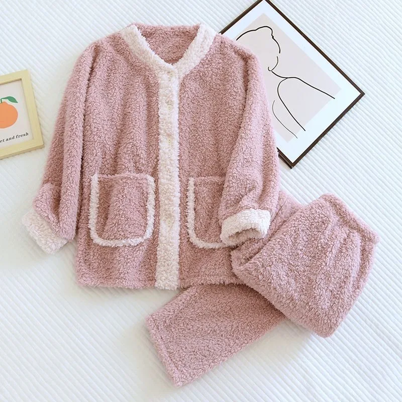 2024 New Coral Velvet Pajamas Women Winter Cardigan Flannel Sleepwear Polar Fleece Longewear Plus Fleece Thick Homewear Suit