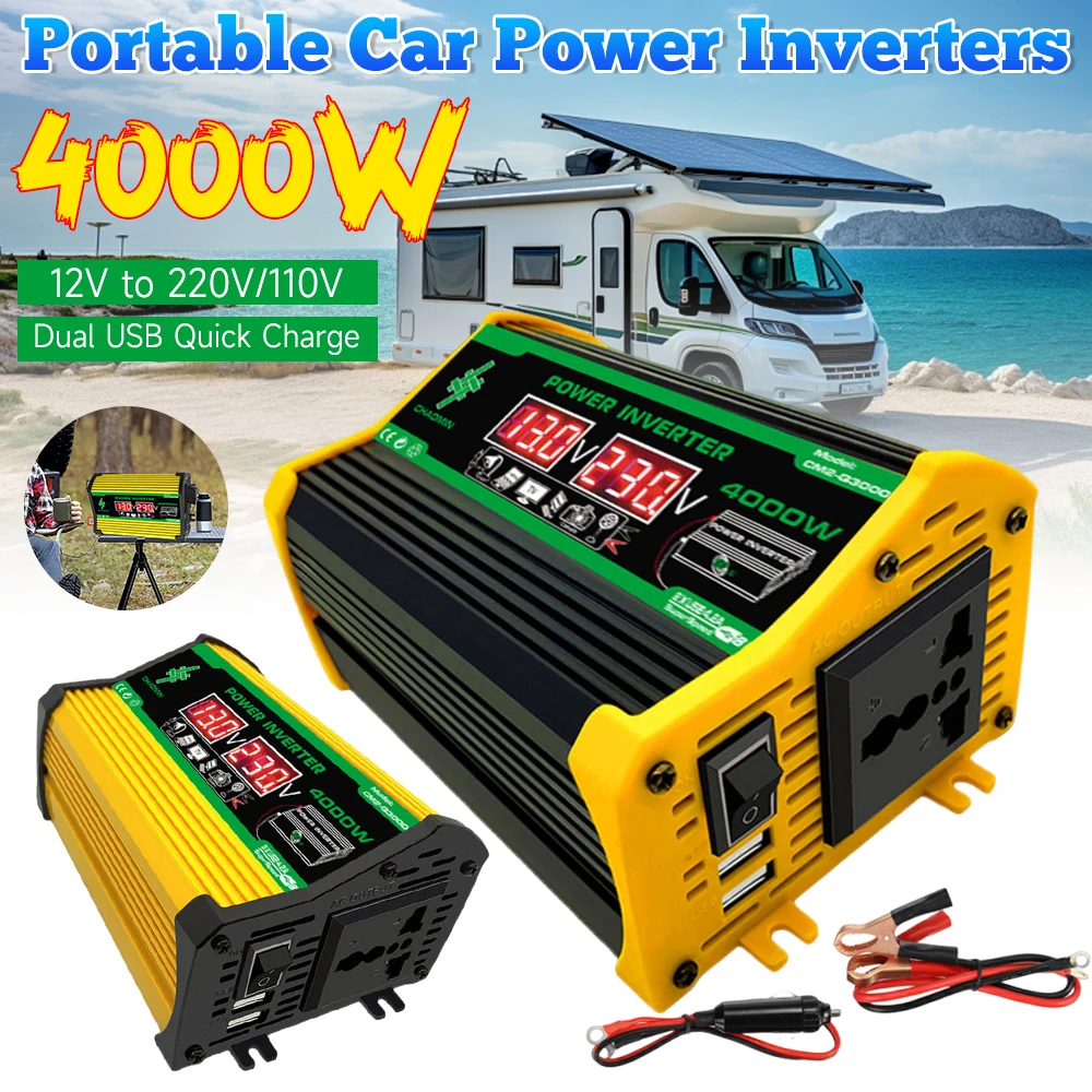 

Интеллектуальный инвертор напряжения DC 12V в AC 110/220V, автомобильный преобразователь напряжения с двумя USB-портами, 4000W, цифровой инвертор с встроенным предохранителем