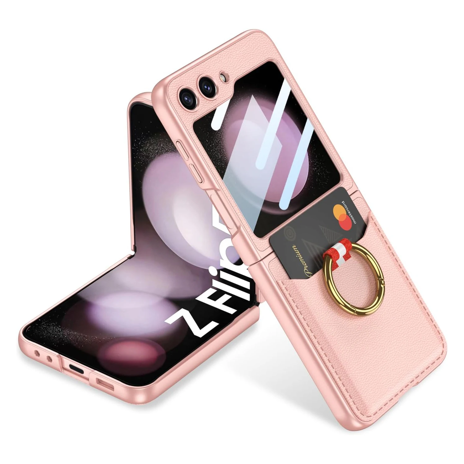 

Galaxy Z Flip 5 Case with Ring & Card Holder, Pocket Storage, Slim Leather Case, Key Ring Wallet Cover Built-in Screen Protector