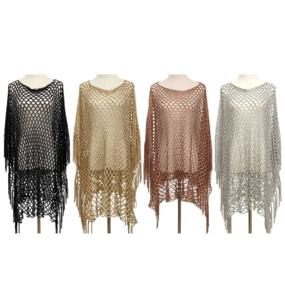 

Simple Design Gold Silver Wire Mesh Shawl Jacket Hollowed Out Lace Poncho Knitted Tassels Beach Towel Beach