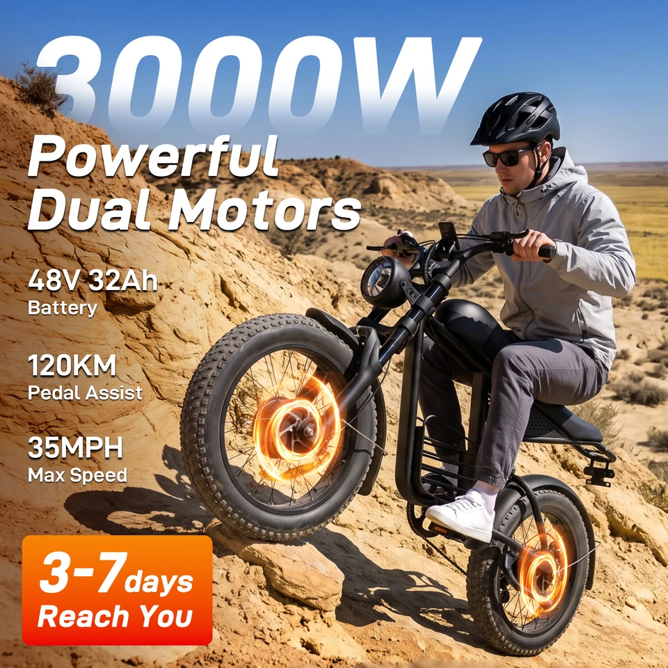 FLIWIN 3000W Dual Motors Electric Bike, 48V 35Ah Battery, 20" Fat Tire Ebike, 7-Speed with Dual Suspension, UL 2849, US Warehouse, 1 Year Warranty