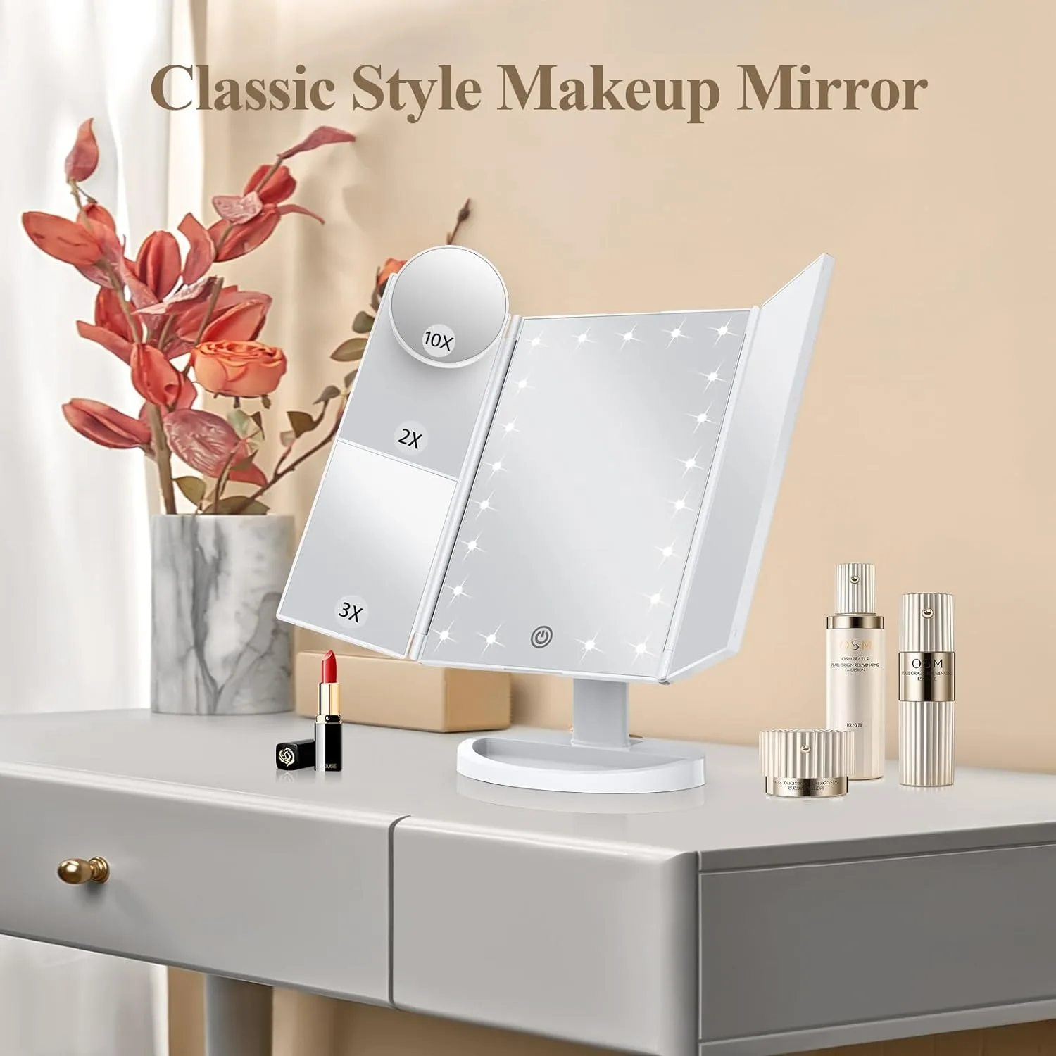 Makeup Mirror Vanity Mirror with Lights 2X 3X 10X Magnification Lighted Makeup Mirror Touch Control Trifold Makeup Mirror women