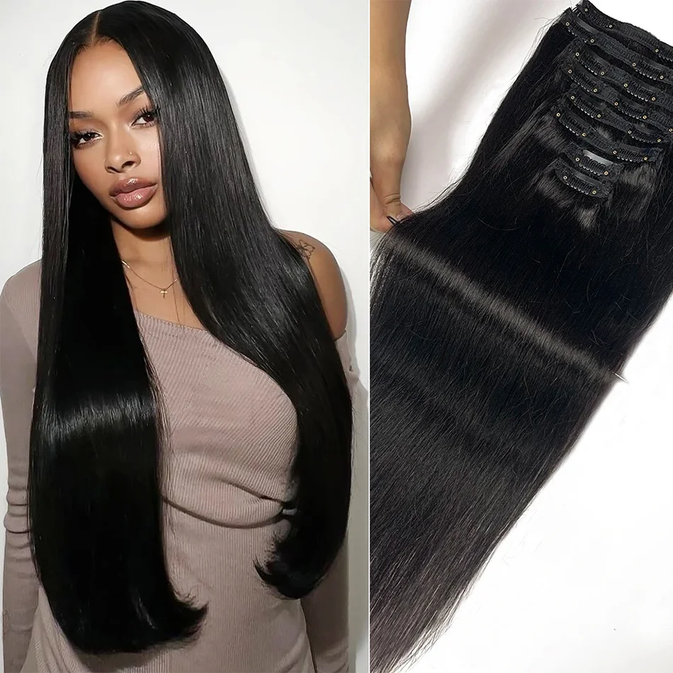 Clipe reto natural em extensões de cabelo, cabelo humano sem costura, 100% não transformados, cabeça cheia, cabelo virgem brasileiro