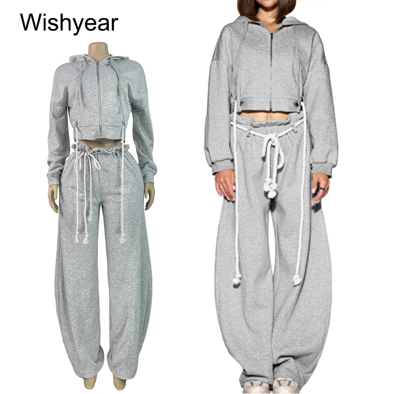 

Повседневные толстовки на шнуровке с капюшоном на молнии и длинными рукавами, укороченные топы и широкие брюки, комплект из двух предметов, спортивная одежда, спортивный костюм