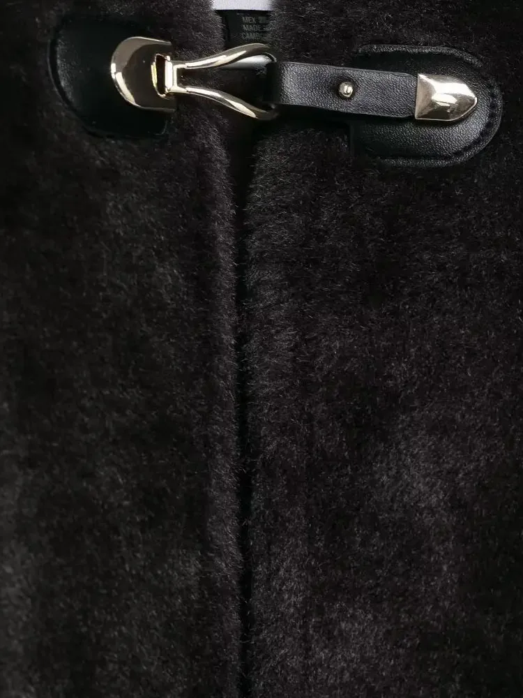 HH المرأة الشتاء موضة الصلبة الدافئة على الوجهين سترة مع عقدة مشبك فو الفراء الديكور الشارع الشهير عادية سليم معطف قصير #1