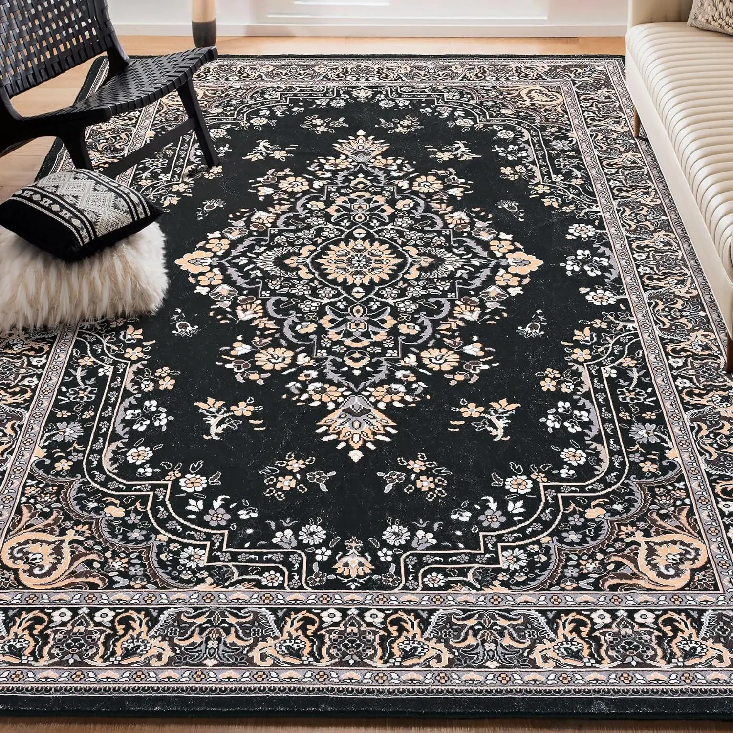 NOAHAS Washable Rugs for Living Room Non Slip Vintage Rug Faux Wool Floral Rug for Bedroom Dining Room Carpet Rug for Room Decor