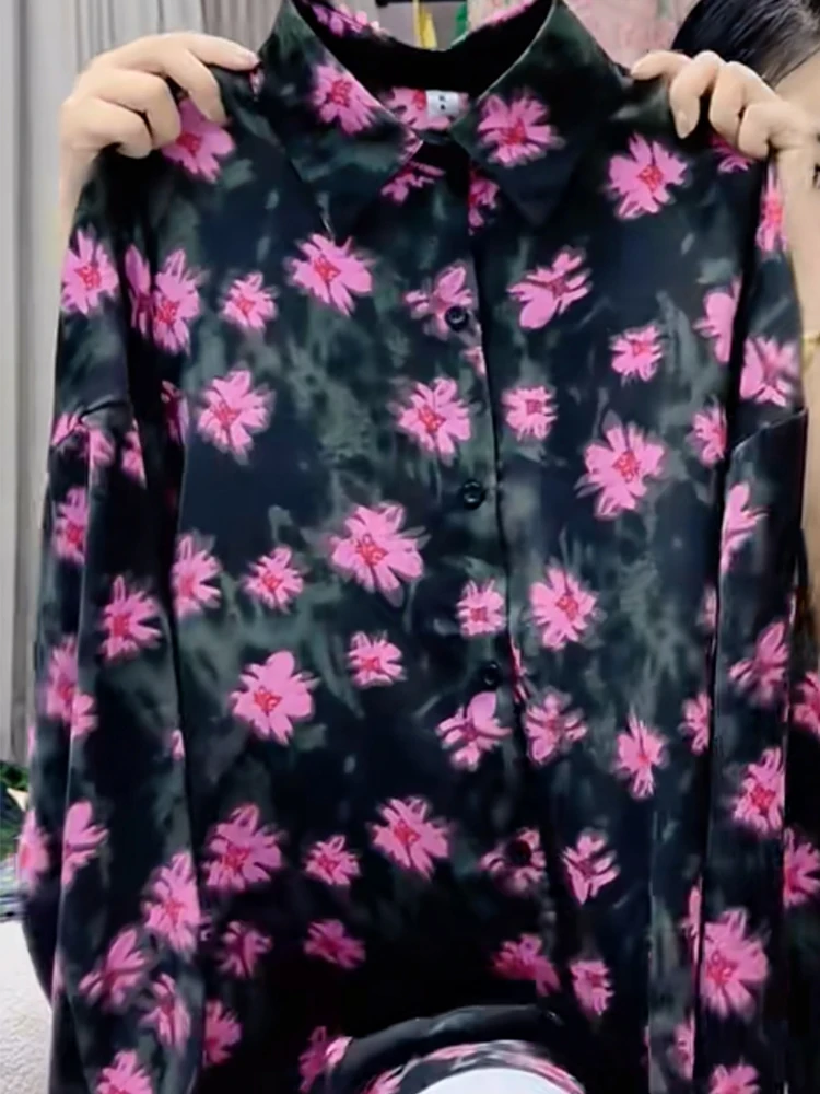 

Spring 2025 plus Size Floral Print Slimming Concealing Design Korean Sle Long Sve Women's irt Ele Aosphere