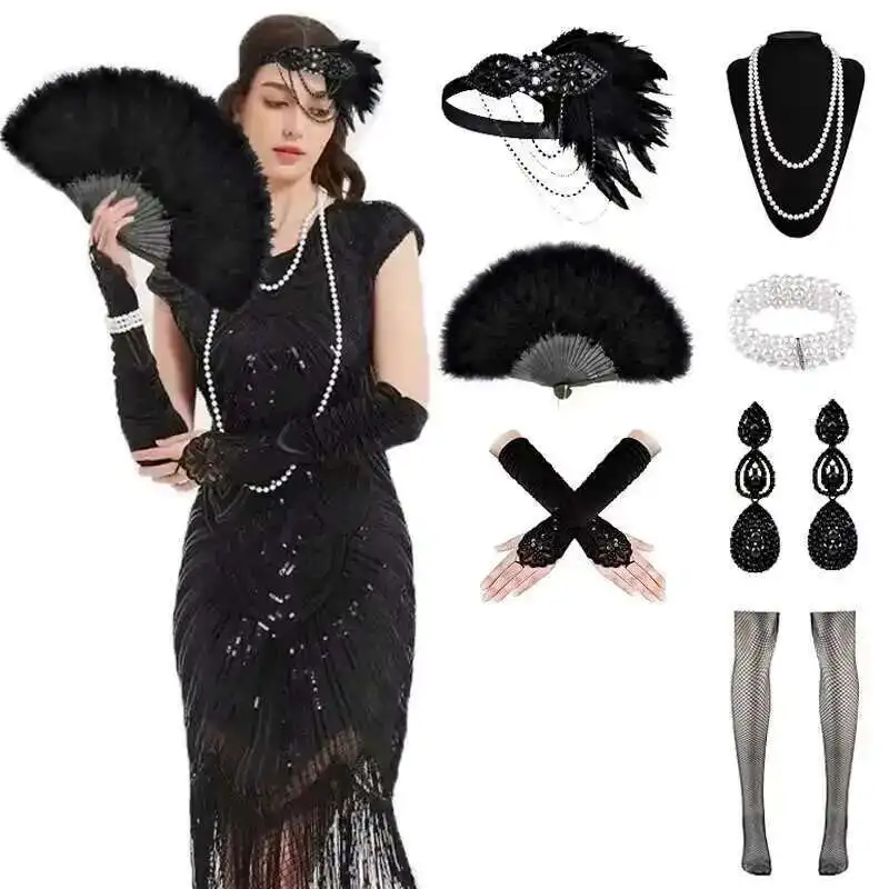 

1920s Dresses for Women Sequin Fringed Gatsby Flapper Cocktail Dresses with 20s Accessories Set