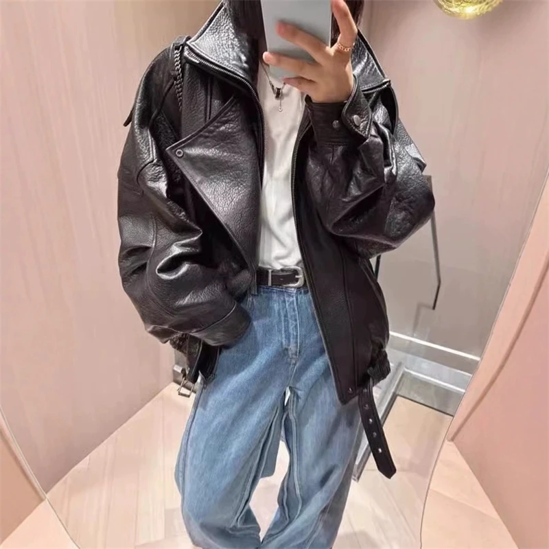 Luxusní měkká kožená bunda pro ženy, vintage bomber bundy, PU moto motorkářský kabát, větrovka, korejská móda pro ženy, svrchní oblečení unisex - náhled 3