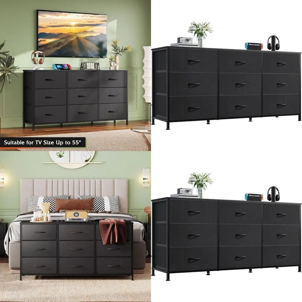 

9-Drawer Black Bedroom Dresser with TV Stand for 45-55 TVs, Large Entertainment Center for Living Room