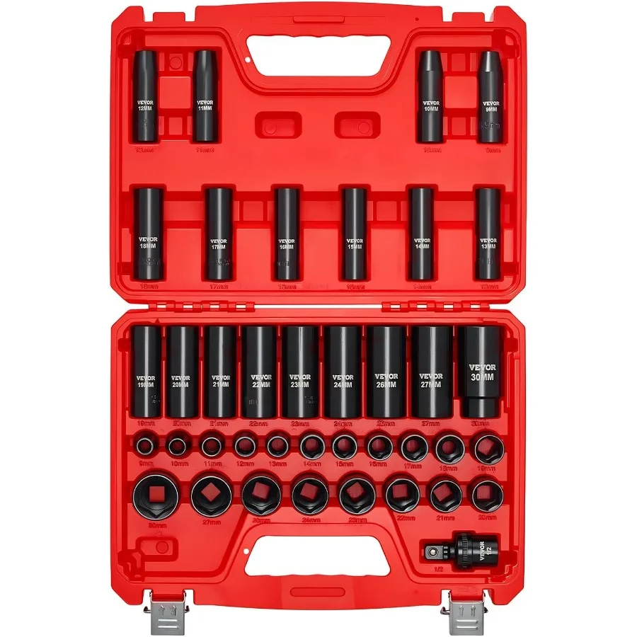 

39-Piece Impact Socket Set 1/2 Drive Metric 9 to 30 mm Deep Shallow 6-Point CR-V Universal Joint Heavy Duty Carrying Case