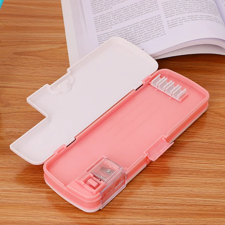 Creative Double Layer Opening Pencil Case with Pencil Sharpener Cute Cartoon Pencil Case Student Pencil Box Storage Organizer