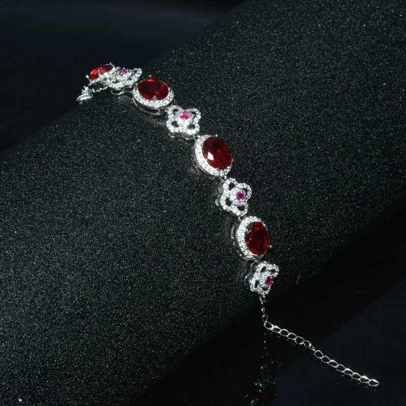 Red Jewelry Sets for Ladies Oval Artificial Gemstone Pendant Necklace Earrings Rings Hand Brace - Fashion Accessory Kit