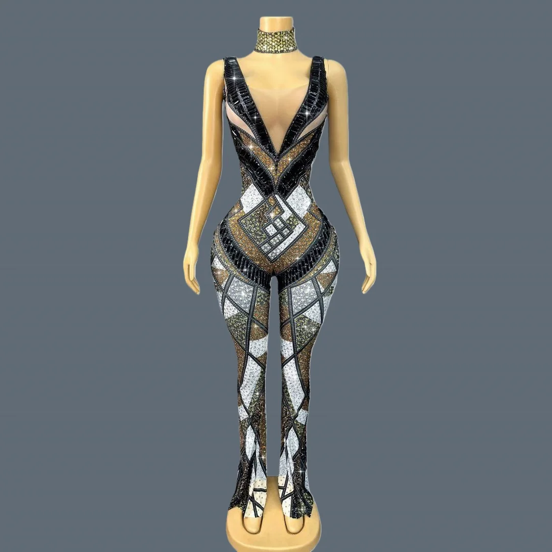 Sparkly Rhinestone Deep V Neck Event Jumpsuit Bell-bottoms Tight Fitting Birthday Celebrate Party gig Show Outfit Luomacaizhuan