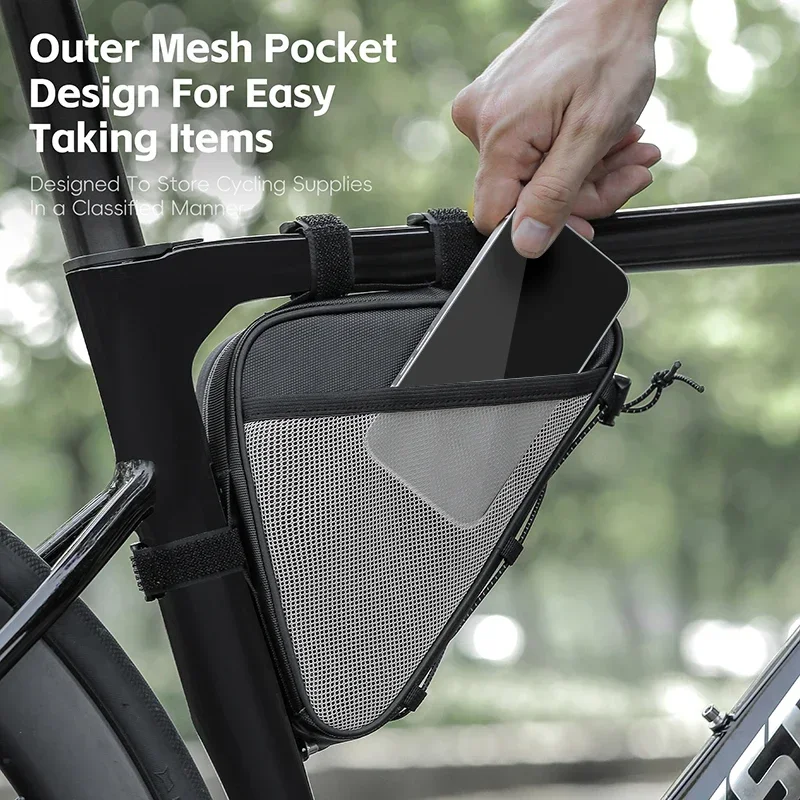 WEST BIKING Bicycle Front Frame Triangle Bag With Mesh Pouch MTB Road Bike Bottom Tube Bag Elastic Luggage Straps For Storage