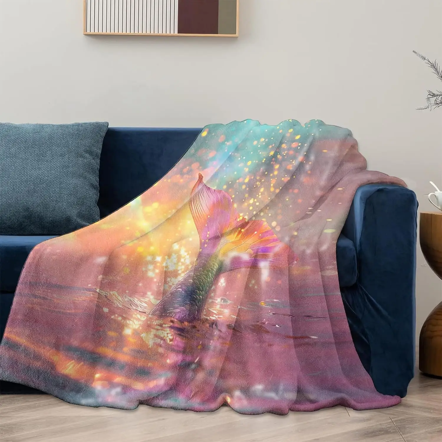 Shimmer Color Mermaid Fin Sparkle Sea Full Print Cozy Flannel Blanket Portable Living Room Sweet Fantasy Daily Household Gift