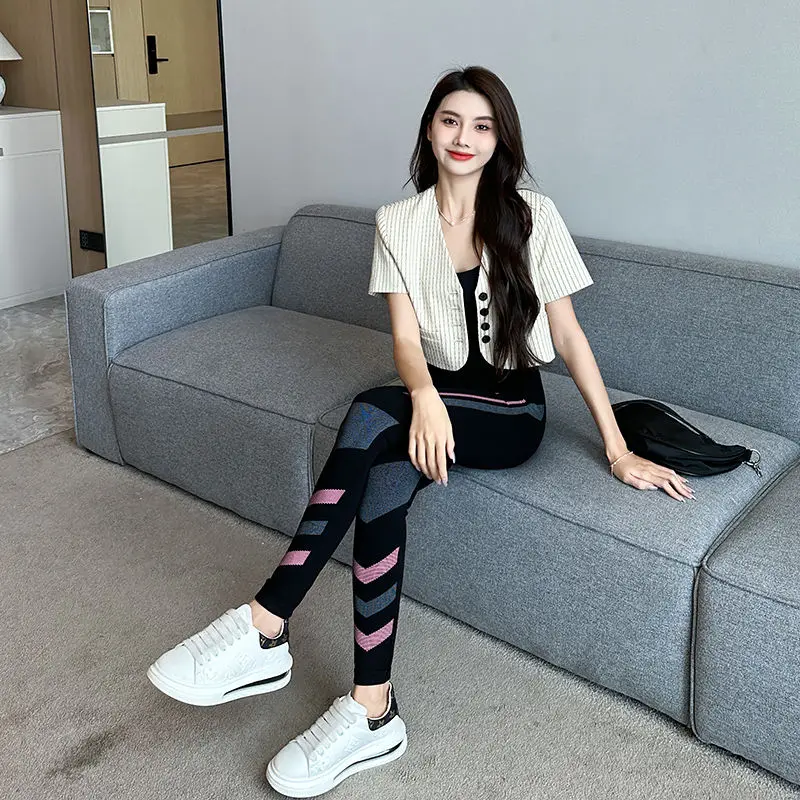 حجم كبير طماق مشروط متعدد الألوان-الخريف السراويل المطبوعة عالية تمتد ، منتصف الخصر 9 طول المضادة للبيلينغ لباس خارجي نحيل الجوارب #1