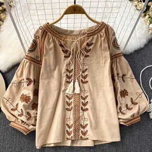 Frauen Frühling Vintage Bluse Ethnischer Stil Langarm um den Hals losen Stickereien Baumwoll Canhamo Pullover Casual Shirt Top D3551 9 Hauptverkaufsblusen - №7
