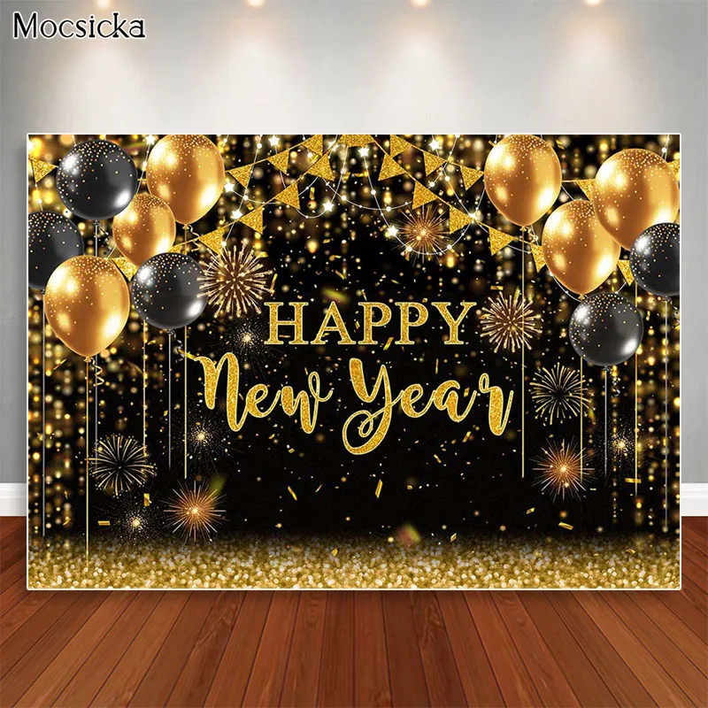 Happy New Year Backdrop for Shiny Bokeh Golden Balloon Decoration Banner Photo Props Cake Table Background Studio Props Supplies