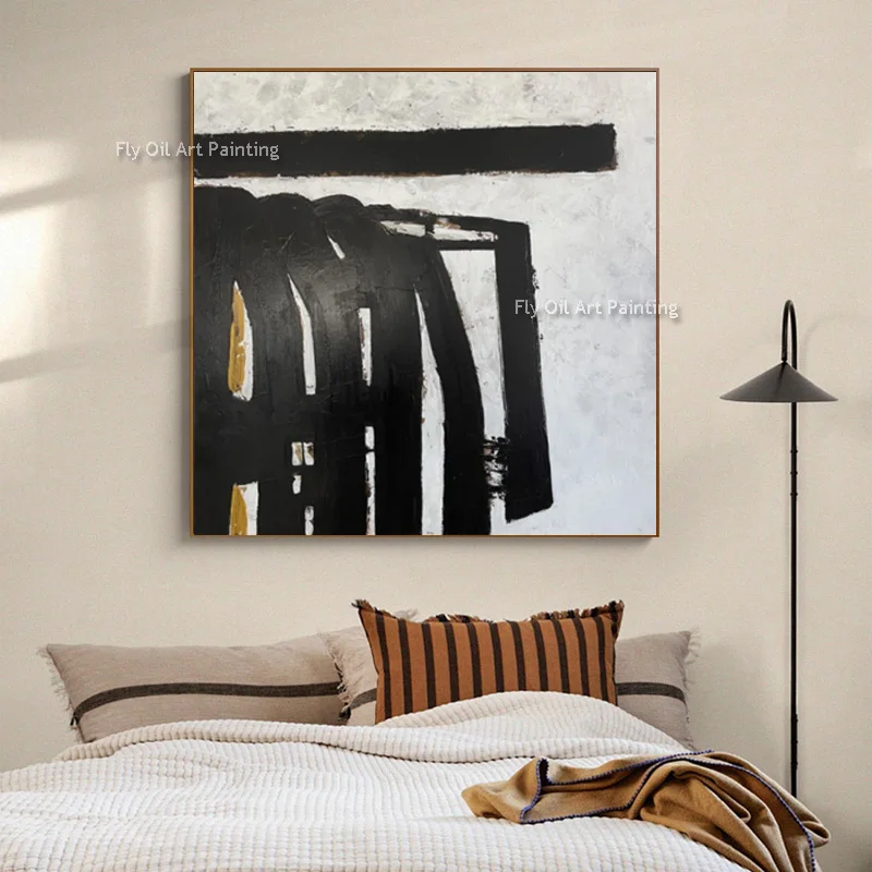 Fashional Design Artwork Black And White Canvas Thick Wall Art Original Handmade Brown Beige Oil Painting For Living Room Decor