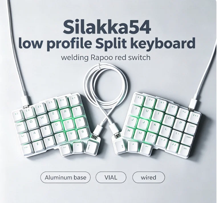 Silakka54 low profile Split keyboard Aluminum base Welding Rapoo switch wired QMK/VIAL Lightweight portable Office Programming