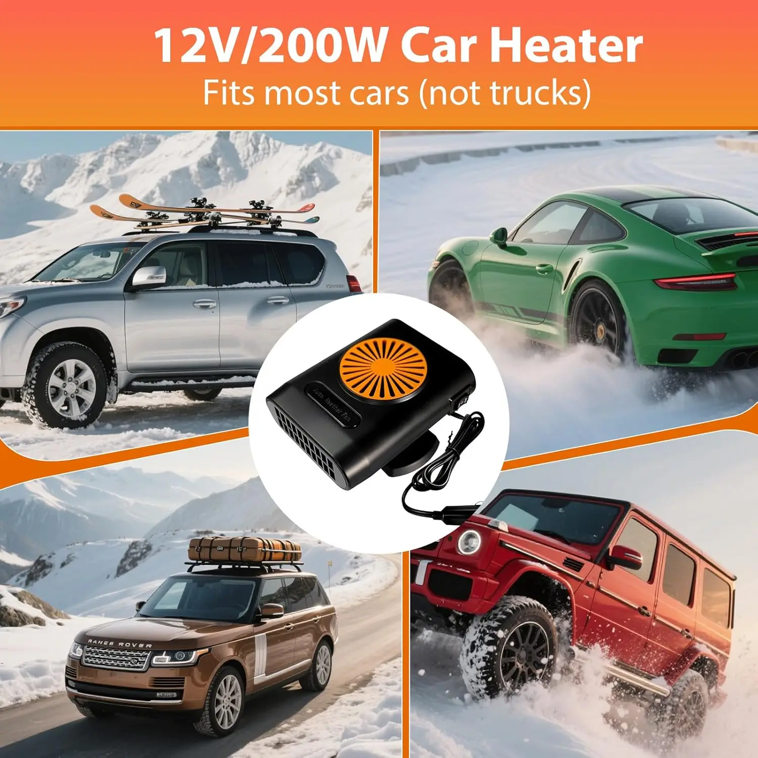 Aquecedor de carro 12V, 200W 2 em 1 Ventilador de aquecimento de para-brisa de automóvel/ventilador de resfriamento Descongelador de carro que plugue no isqueiro