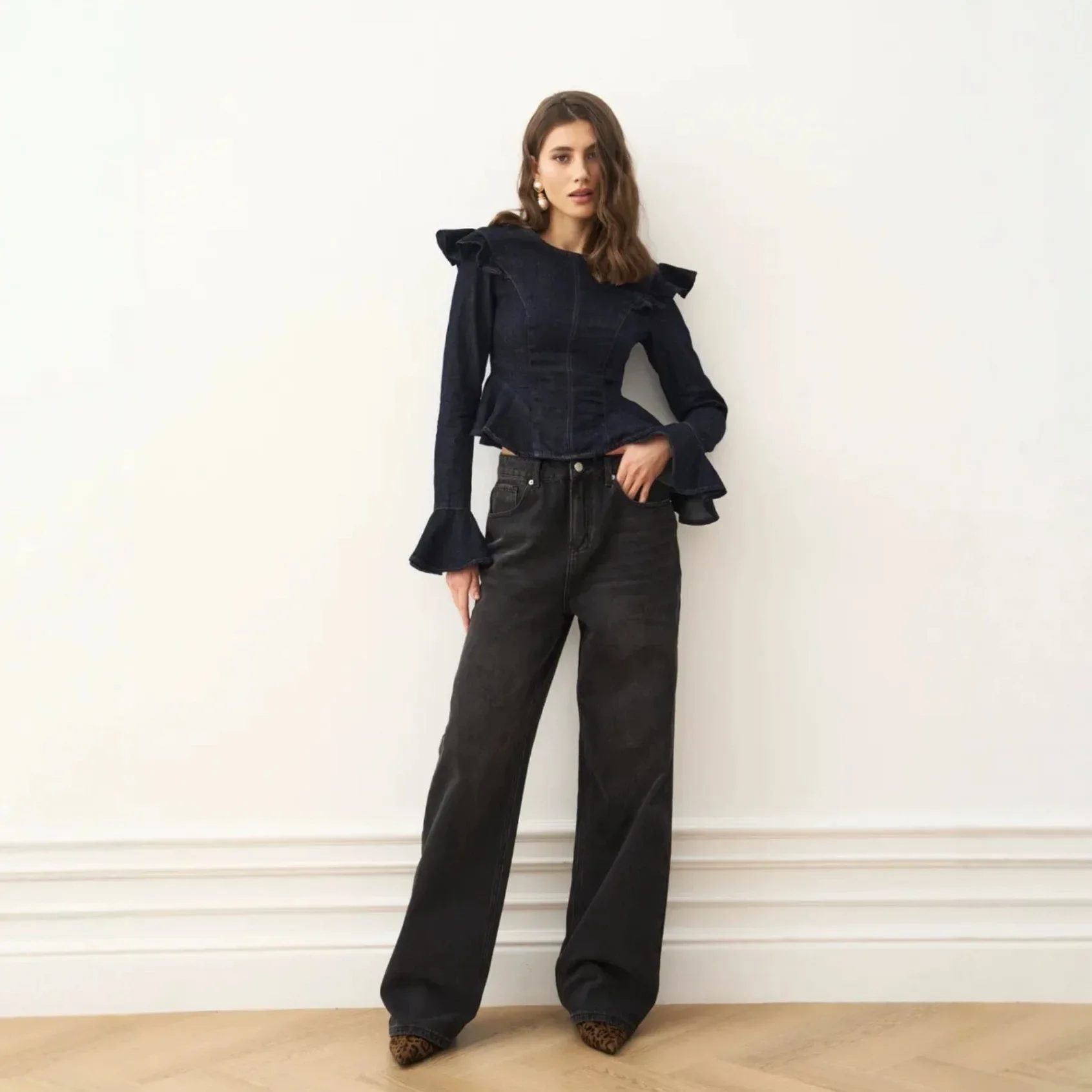 Women Fashion Ruffled Layered Single Breasted Decoration Solid Casual Shirt+High Waist Zipper Pocket Loose Slim Trousers Suit