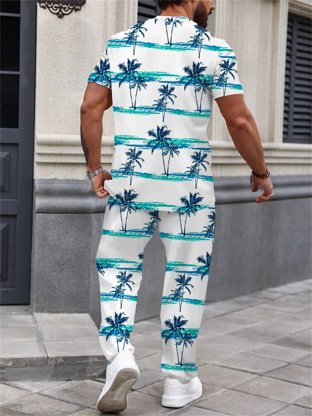 Summer Men\'s Short Sleeve And Pants Coconut Tree Print Hawaiian Vacation Style Summer Short Sleeve Suit Men\'s 2 Piece Set