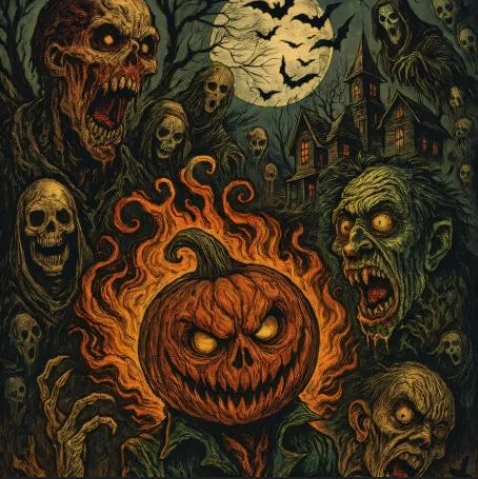 Horror Halloween Themed Jigsaw Puzzle 500PCS/1024 PCS Flaming Pumpkin Zombie Skeleton Ghost Bat Haunted Mansion Stress Relief