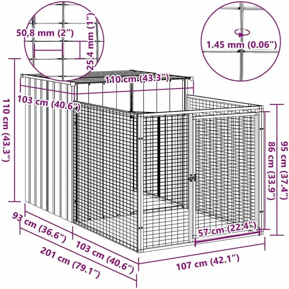 Galvanized steel dog kennel with run detail