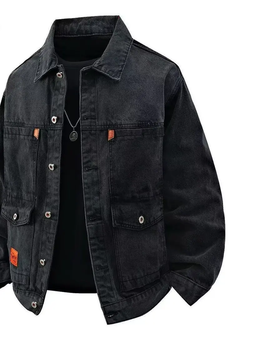 Classic Loose Casual Men's Denim Jacket Spring Autumn Wear Resistant Multi-Pocket Workwear Classic All-Match Loose Fit Jacket