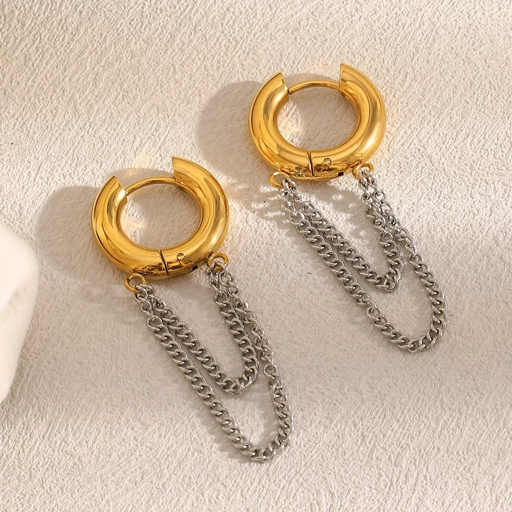 Round Tube O-Shaped Hoop Earrings Double-layer Chain Huggie Drop Earring Two-tone Mix Color Stainless Steel Statement Jewelry