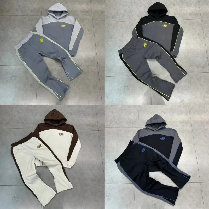 American Streetwear Embroidered Logo Patchwork Fleece Hoodie Sweatpants Casual Set Long Sleeve Cotton Blend Spring Wear