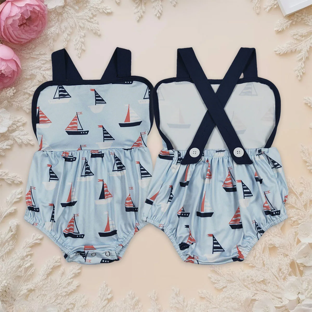 

Newborn Baby Boys Blue Sleeveless Strap Boats Plaid Rompers Comfortable Kids Jumpsuit Toddler Children Clothing Wholesale