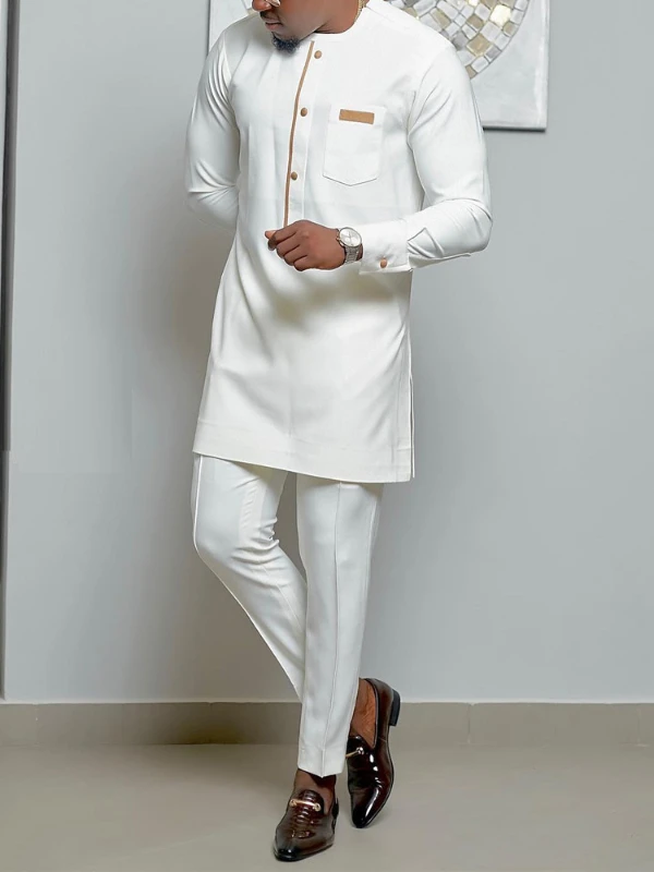 African Men Party Suit Round Collar Long Sleeves Pocket Splice Top Pants Two Piece Set Africa 2024 Summer Gentleman Outfits