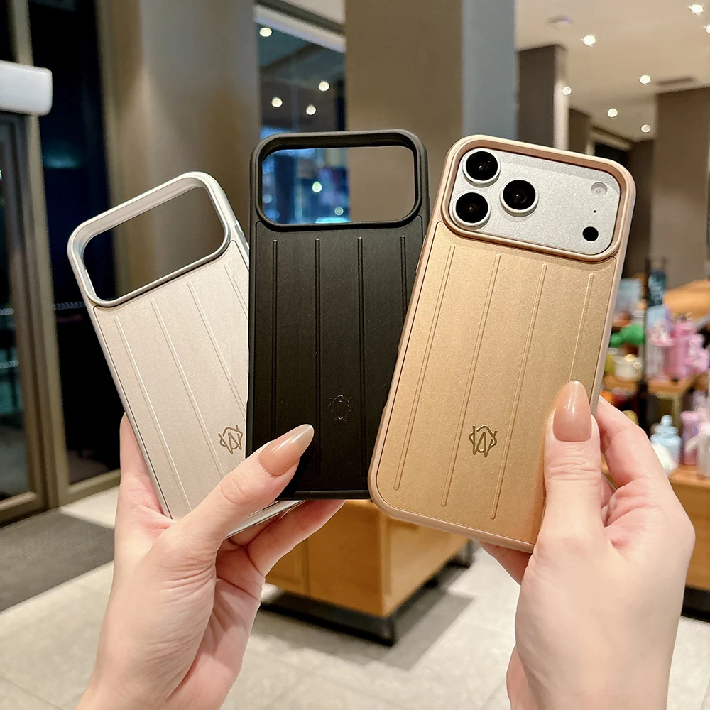 

Luxury New Aluminum Alloy Phone Case For iPhone 17 16 15 14 Pro Max Anti-Drop Shockproof 3D Suitcase Stripe Back Cover With logo