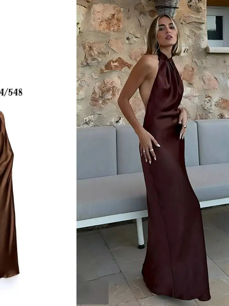 الرسن الساتان فستان طويل المرأة تعادل عارية الذراعين البني ميدي فستان الصيف قبالة الكتف فساتين الحفلات مطوي مساء فستان MKX8