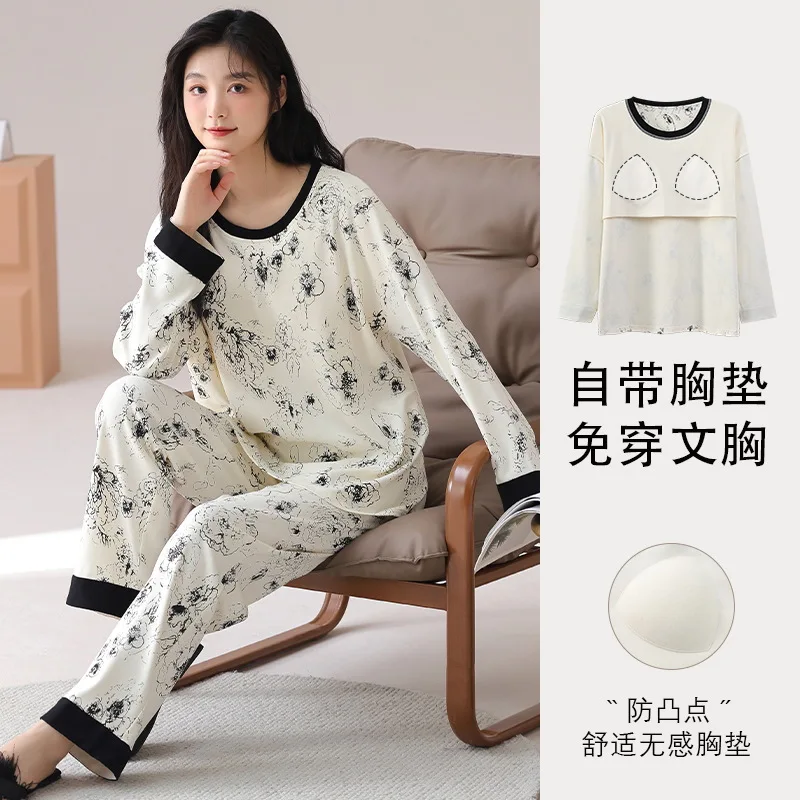 Pullover long sleeve pajamas ladies Autumn Cartoon Cotton with chest pad Loungewear can be worn outside Spring Autumn Pijamas