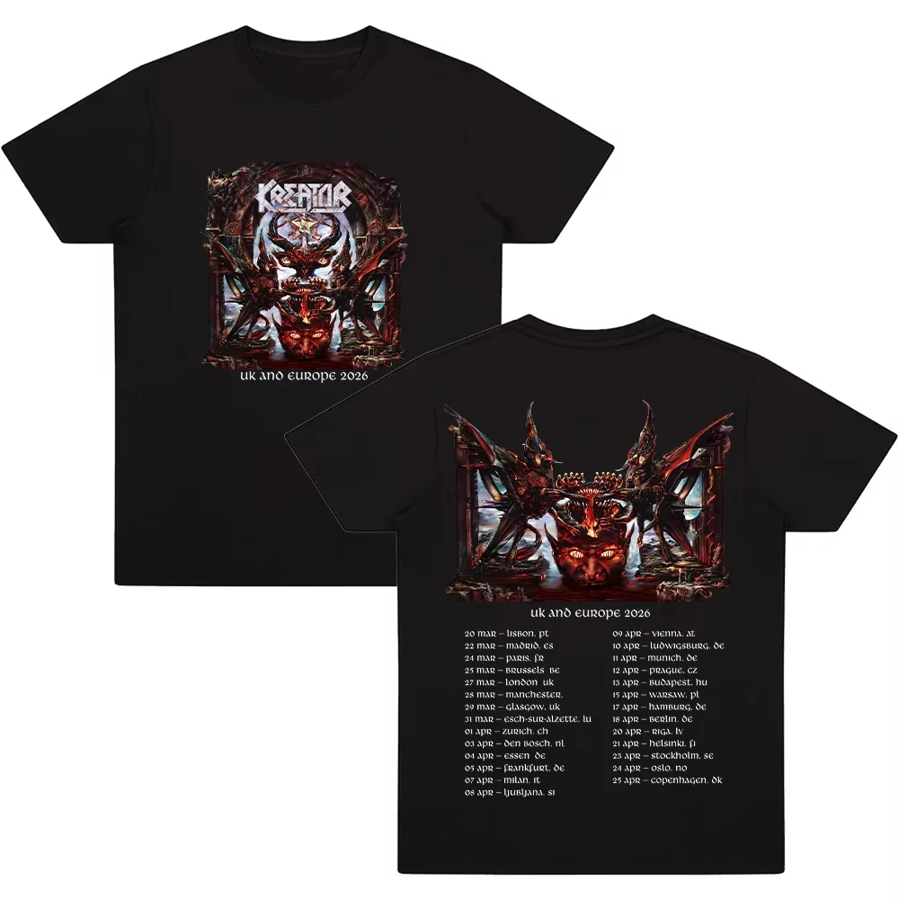 Camisetas de la gira Krushers of The World 2026, camiseta de la banda de Thrash Metal Kreator, camiseta de música para hombres y mujeres, ropa de calle gótica de algodón puro
