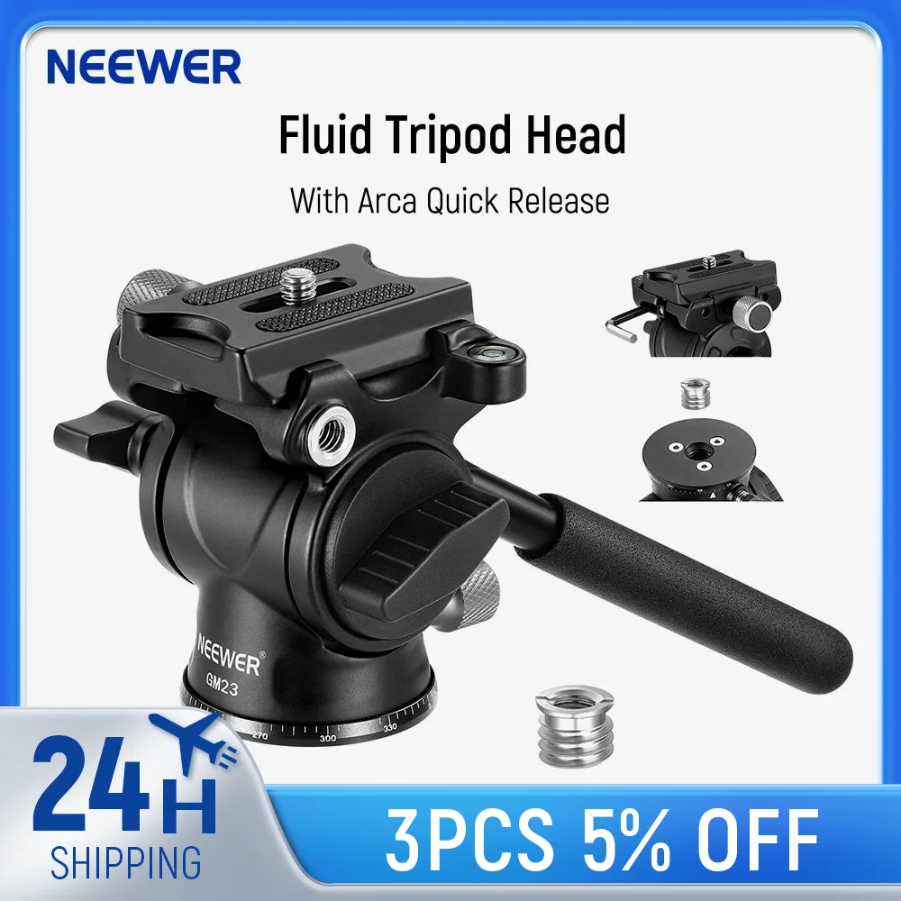 NEEWER Fluid Tripod Head with Handle & Arca Type Quick Release, Aluminum Alloy Panorama Drag Pan Tilt Head for DSLR Camera