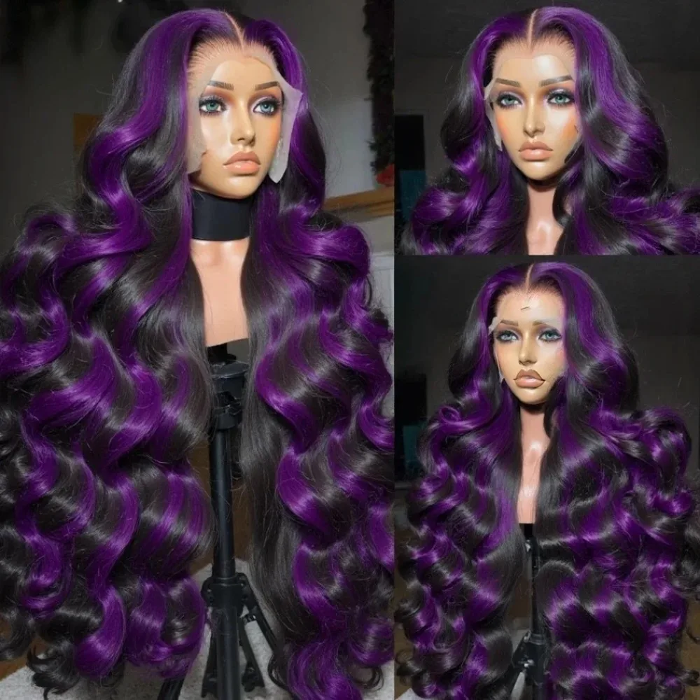 

Ombre Purple Highlight Body Wave 13x4 HD Lace Front Wig Natural Wave Dark Purple Transparent Lace Frontal Wigs For Women Cosplay