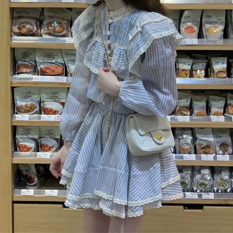 Women Dress Sets Ruffled Lace Splicing Striped Long Sleeve Dresses + High Waist Ball Gown Skirt Female Sweet Daily Two-piece Set