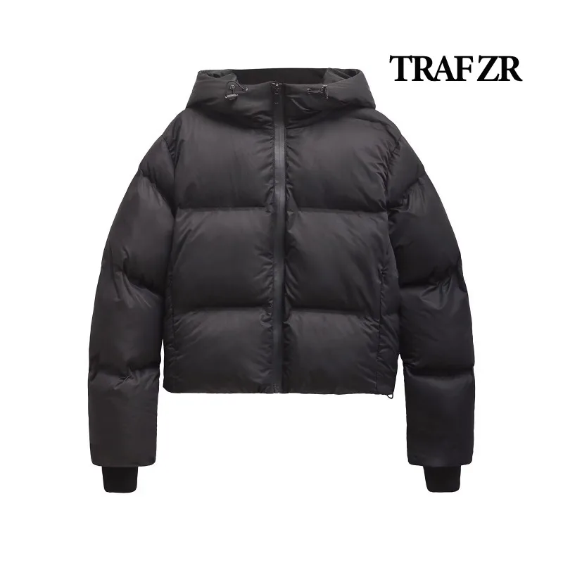 TRAF ZR Snow Parka American Retro Hooded Parkas Black Cropped Padded Coat Warm Woman Winter Coats Elegant Luxury Women\'s Coat