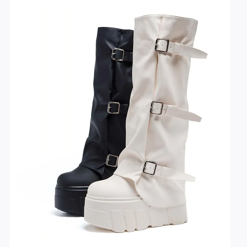 14cm Heel Knee High Boots Platform Wedge Punk Motorcycle Riding Booties Shoes for Women Autumn Winter Buckle Boots